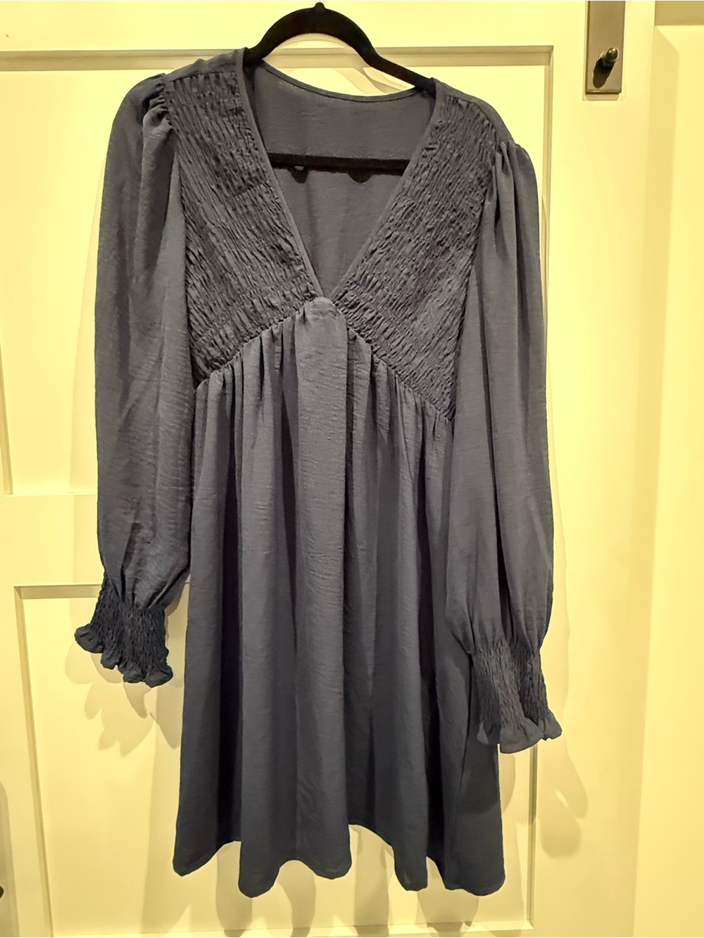 Blue Smocked V-Neck Long Sleeve Dress